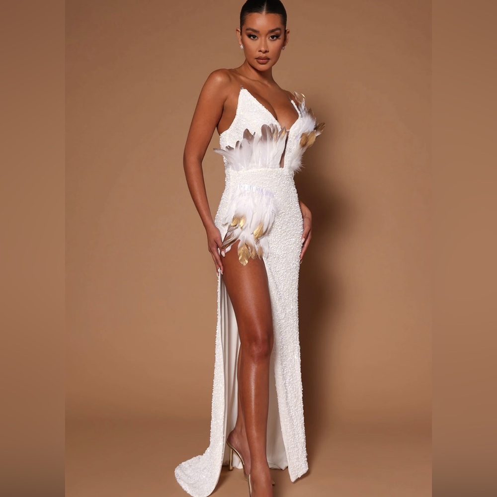 Ariana sequin feather maxi dress- white